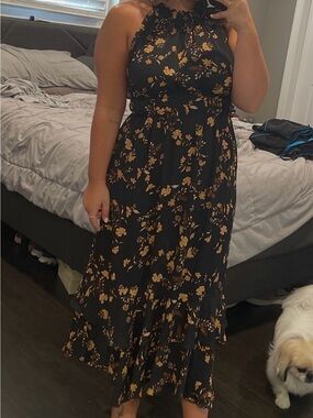 Dress Forum Black Midi Dress with Gold Floral Print